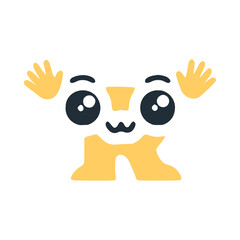 Letter r cute kawaii character with hands up, vector clipart