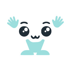 Letter v cute kawaii character with hands up, vector clipart