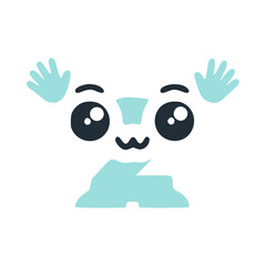 Number 2 cute kawaii character with hands up, vector clipart
