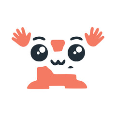 Letter e cute kawaii character with hands up, vector clipart