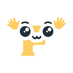 Letter f cute kawaii character with hands up, vector clipart