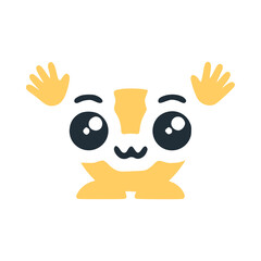 Letter o cute kawaii character with hands up, vector clipart