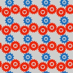 Seamless pattern texture with blue and red gears with icons of hearts that represent family or love, houses that represent homes and briefcase that represent work. 