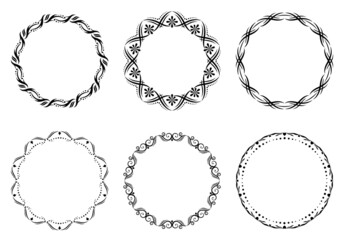 Set of decorative frames. Geometric ornaments. Round borders made of lines and decorative elements. Circle pattern. Design background for invitations and holiday cards.
