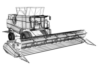 Combine harvester wireframe from black lines isolated on white background. 3D. Vector illustration