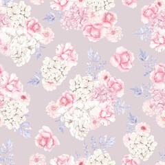 Watercolor Seamless pattern with pastel flowers and leaves, isolated on colored background