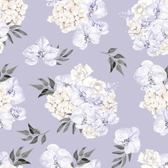 Watercolor Seamless pattern with pastel flowers and leaves, isolated on colored background
