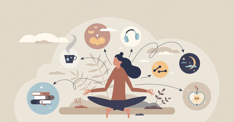 Self care personal health habits combination for wellness tiny person concept. Daily lifestyle for happiness and physical or emotional peace vector illustration. Activities combination for good body. - obrazy, fototapety, plakaty