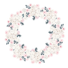 Wreath with watercolor hand draw pastel flowers and leaves, isolated on white background