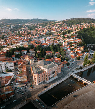 Drone View Of Sarajevo City Hall And River Miljacka