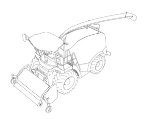 Combine harvester contour from black lines isolated on white background. Isometric view. 3D. Vector illustration