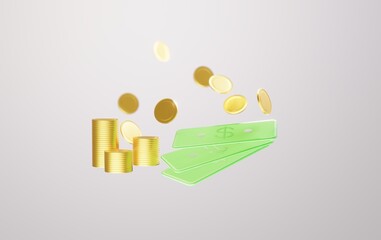 3D Illustration of paper money and coins, on white background