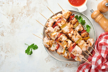 Chicken shish kebab or skewers kebab in a ceramic plate, spices, cilantro herbs and vegetables on white table background. Barbecue Raw ingredients for goulash or shish kebab. Top view. Free copy space