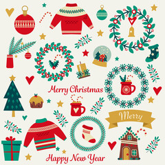 Christmas holiday cute elements set. Pretty print for cards, stickers, apparel and decoration. Christmas wreaths, tree, gingerbread house, socks, sweaters, hot chocolate, tree decorations. Vector