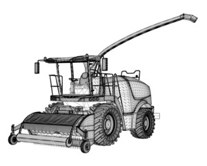 Combine harvester wireframe from black lines isolated on white background. 3D. Vector illustration