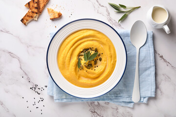 Pumpkin traditional soup with creamy silky texture with sage leaves and red pepper in white plate or bowl. Light grey background. Copy space. Mock up. Top view, flat lay.