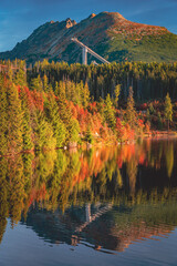 Attractive autumn view of Strbske pleso lake. Calm morning scene of High Tatras National Park, Slovakia, Europe. Beauty of nature concept background