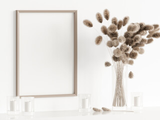 poster mockup with dry plant, minimalist wooden frame mockup, print mockup, 3d render