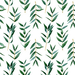 Seamless watercolor eucalyptus pattern. Hand painted illustration. Decor for weddings, holidays, cards, gift paper, fabric
