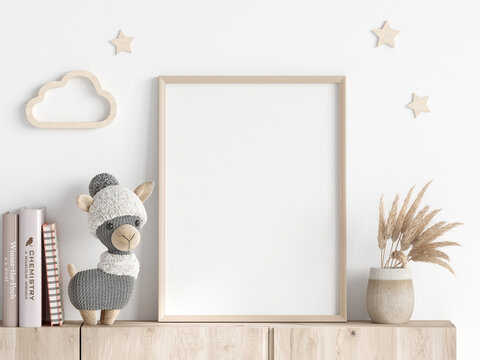 kids room with a white wall and a frame, nursery interior mockup