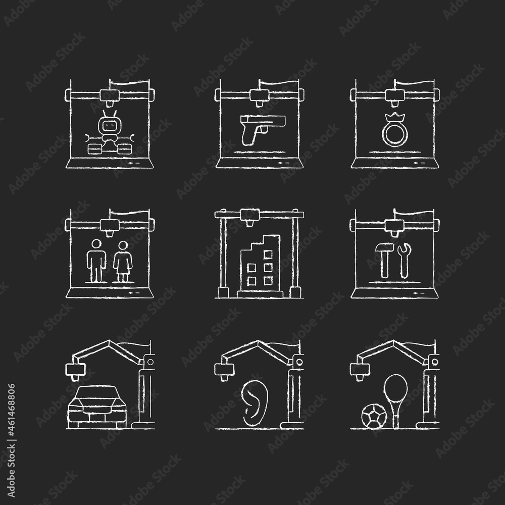 Poster 3d printing process chalk white icons set on dark background. design representation. rapid prototypi