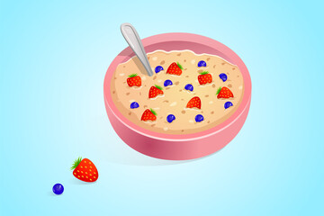 Oatmeal for breakfast with blueberries and strawberries in a pink plate. illustration of cereal with berries on a blue background. Flat design style. The concept of proper nutrition.