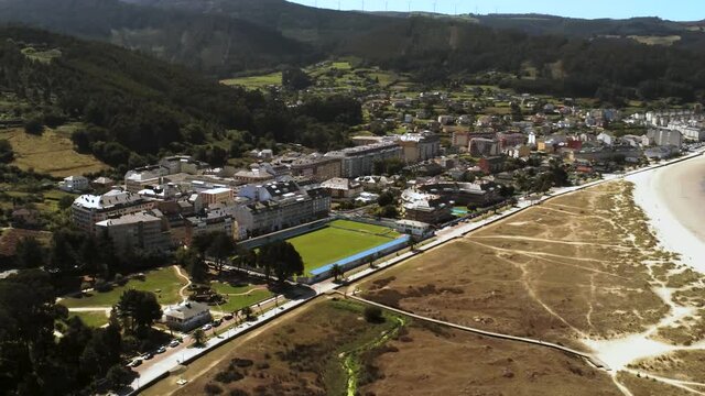 An aerial view of a sandy beach of Covas in Viveiro, Lugo, Galicia, Spain