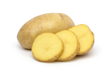 raw potatoes and slices isolated on white background, with clipping path.
