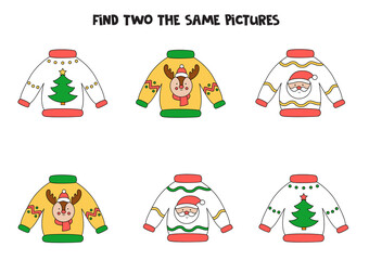 Find two identical Christmas sweaters. Educational game for preschool children.