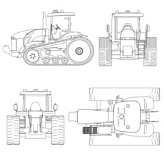 Set with the contours of a tractor on tracks from black lines Isolated on a white background. Side, front, back, top view. Vector illustration