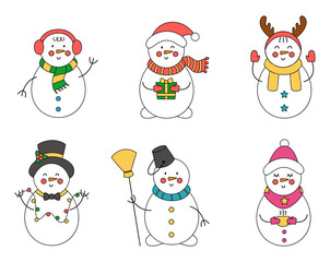 Collection of cute vector Christmas snowmen in cartoon style.