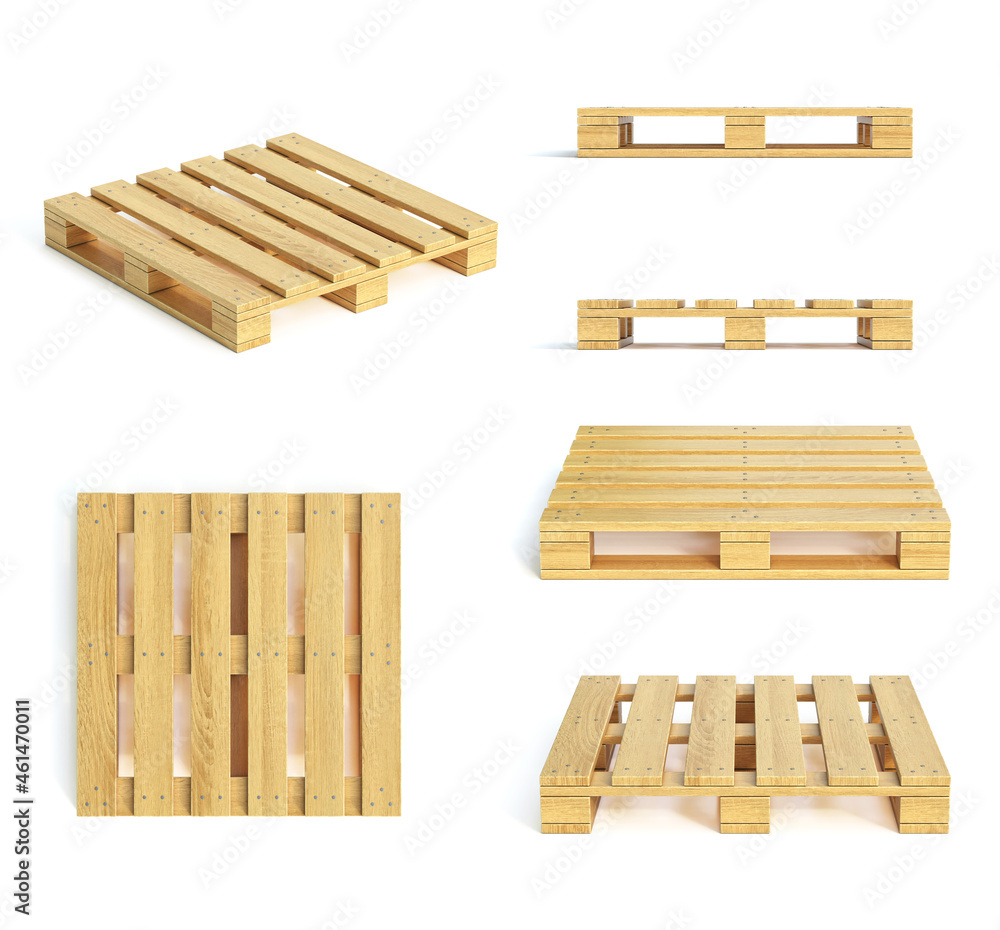 Poster wooden pallet various views isolated on white background 3d rendering