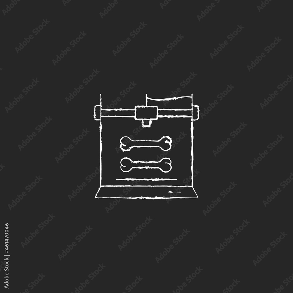 Poster 3d bone models printing chalk white icon on dark background. creating customized implants. biotech p