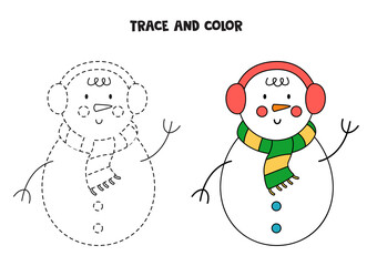 Trace and color cartoon Christmas snowman. Worksheet for kids.