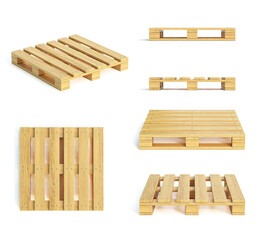 Wooden pallet various views isolated on white background 3d rendering - obrazy, fototapety, plakaty