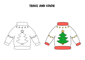 Trace and color cartoon Christmas sweaters. Worksheet for kids.