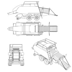Set with contours of a trailer for a combine harvester from black lines Isolated on a white background. Front, side, top, isometric view. 3D. Vector illustration