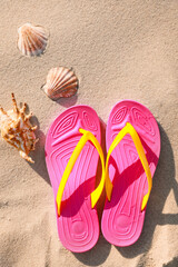 Fototapeta na wymiar Stylish flip flops and sea shells on beach, flat lay