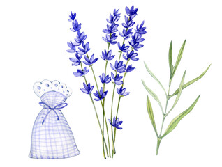 Watercolor elements. Clip art with lavender. Bouquet of lavender, sachet, lavender leaves.