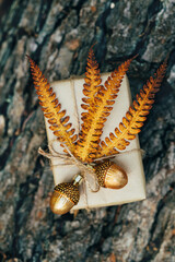 A gift wrapped in craft paper and decorated with dried fern leaves and glass acorns on a tree trunk. High quality photo