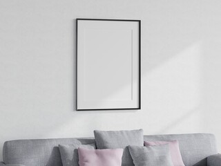 frame mockup in minimalist living room interior with grey sofa, 3d render