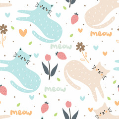 Seamless pattern with cute cartoon cat and flower for fabric print, textile, gift wrapping paper. colorful vector for textile, flat style