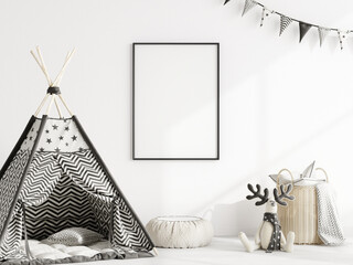 frame mockup in scandinian style children's room with toys and wigwam © VNmockup