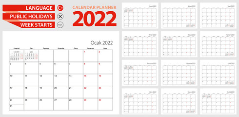 Turkish calendar planner for 2022. Turkish language, week starts from Monday.