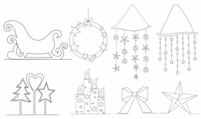 Fototapeta na wymiar christmas symbols line drawing, on white background, vector