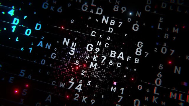 Flying through infinite password combinations of changing symbols in dark cyberspace during code breaking hacker attack protection. Cybersecurity or cybercrime technology background