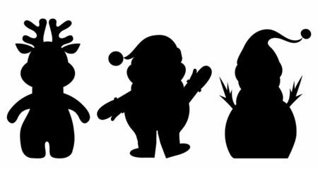 deer, santa, snowman black silhouette, on a white background