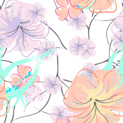 Pink Flowers Blooming Pattern. Pastel Watercolor.