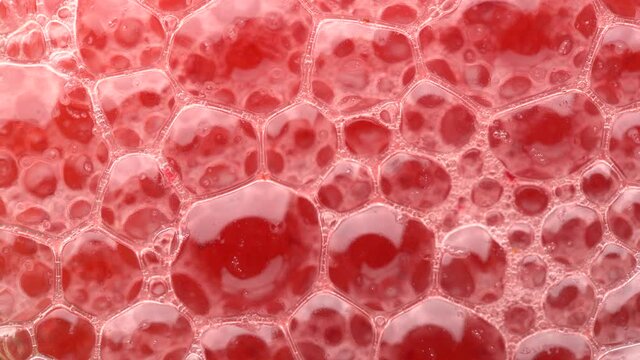 Bubbles on the surface of the drink of red viburnum soda drink on background. Fresh drink of scarlet cranberry or cherry or red currant or viburnum