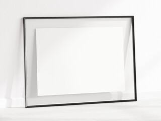 Horizontal black frame mockup with glass border, poster mockup, print mockup, minimalist mockup, 3d render